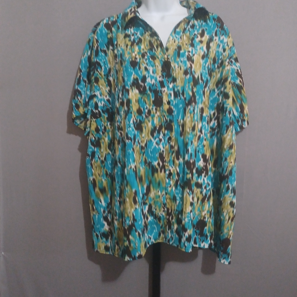 C J Banks shirt green brown button front crinkle sz 3X‎